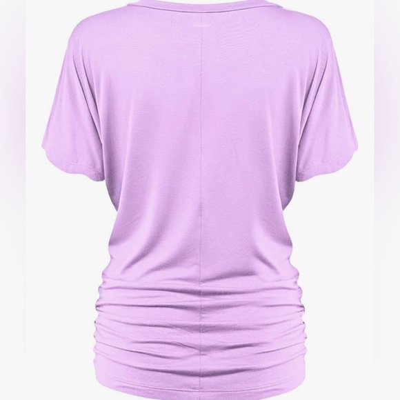 Women's Solid Short Sleeve Boat Neck V Neck Dolman Top with Side Shirring - Picture 3 of 5